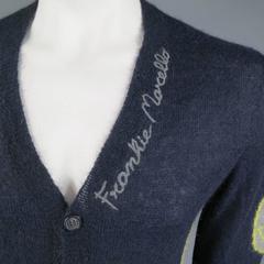 FRANKIE MORELLO Size L Navy Mohair Blend Yallow & Gray Smiley Face Cardigan