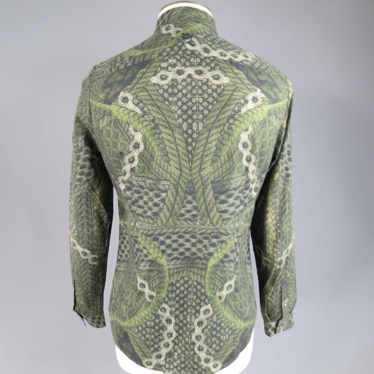 MCQ by ALEXANDER MCQUEEN Size S Olive Green Rope Print Cotton Long Sleeve Shirt In Excellent Condition In San Francisco, CA