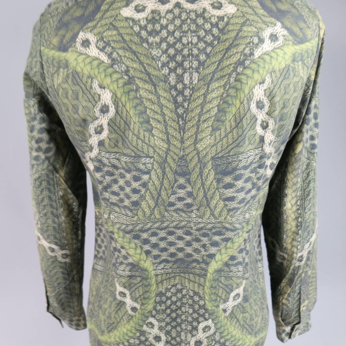MCQ by ALEXANDER MCQUEEN Size S Olive Green Rope Print Cotton Long Sleeve Shirt 1