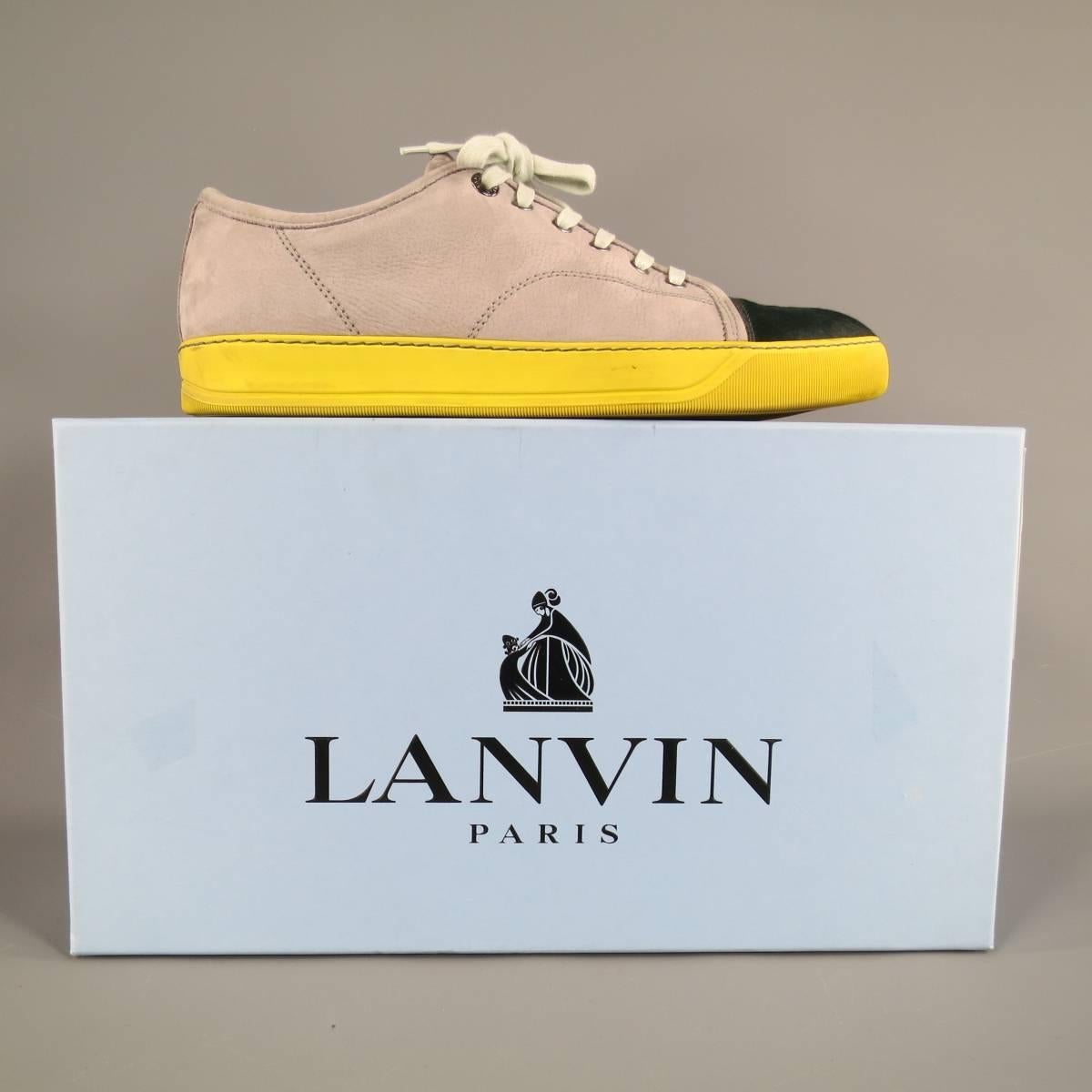 Men's LANVIN Size 9 Taupe Leather Ponyhair Toe Yellow Sole Sneakers In Excellent Condition In San Francisco, CA