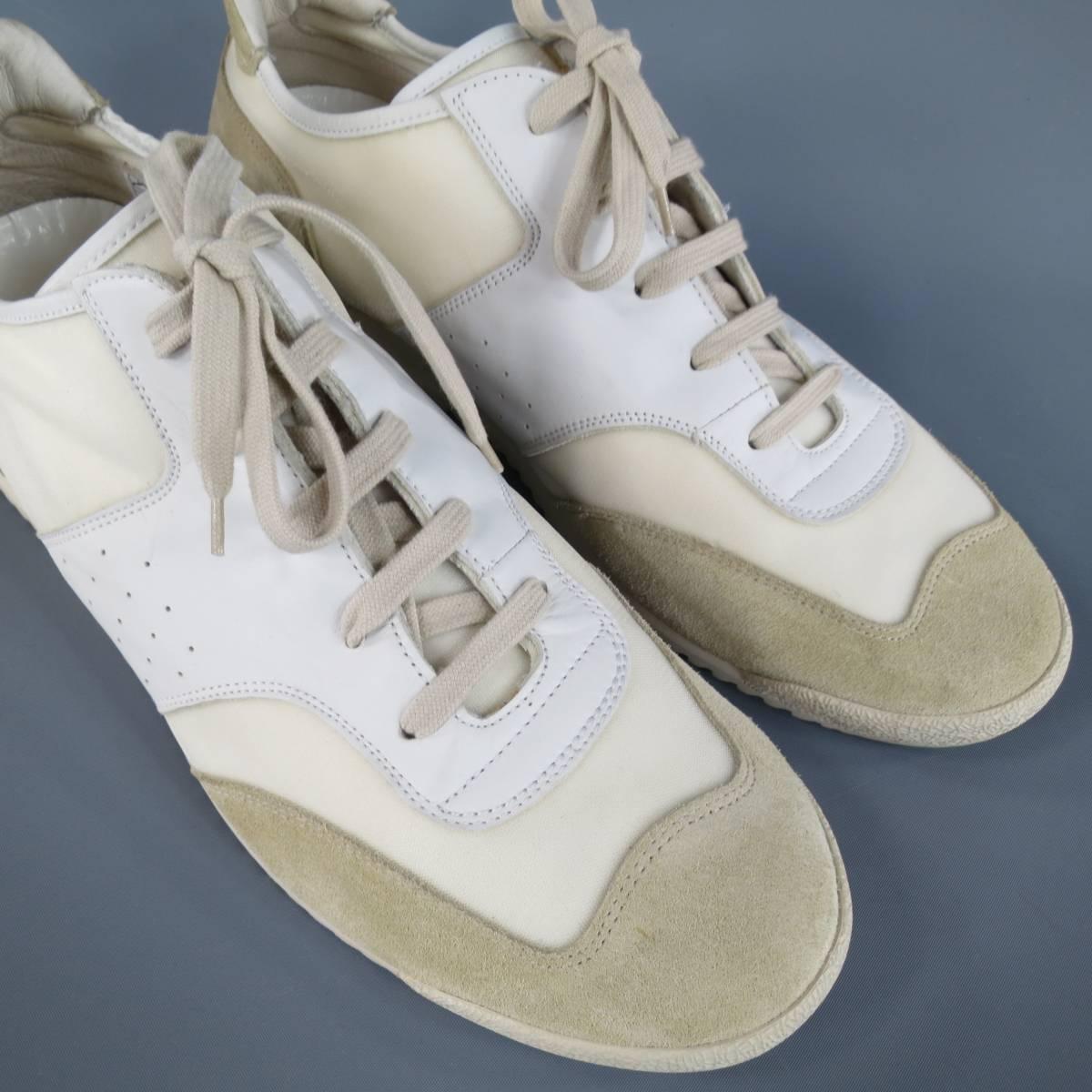 MAISON MARTIN MARGIELA Size 13 Off White Cream Leather & Suede Trainer Sneakers In Excellent Condition In San Francisco, CA