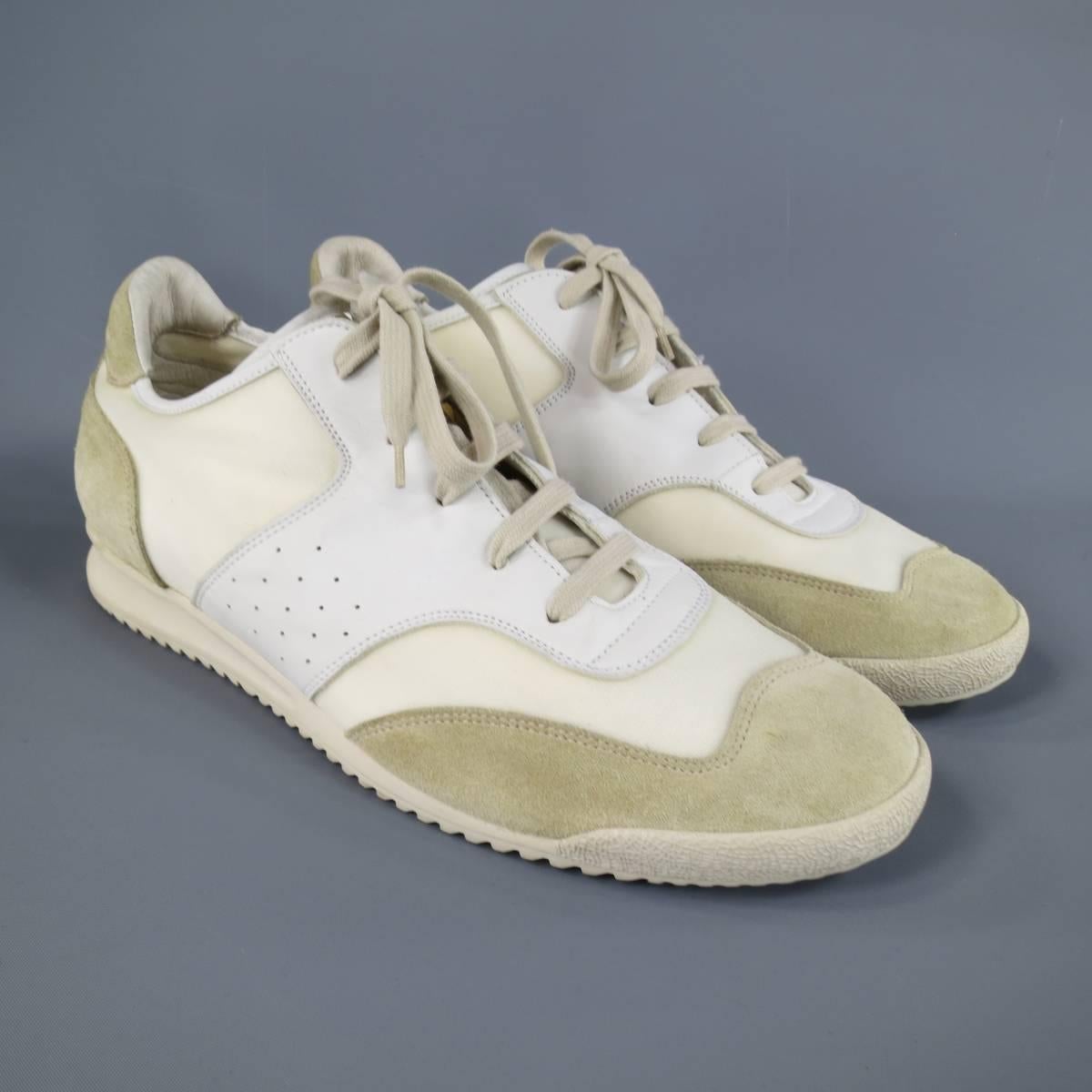 MAISON MARTIN MARGIELA Size 13 Off White Cream Leather & Suede Trainer Sneakers 1