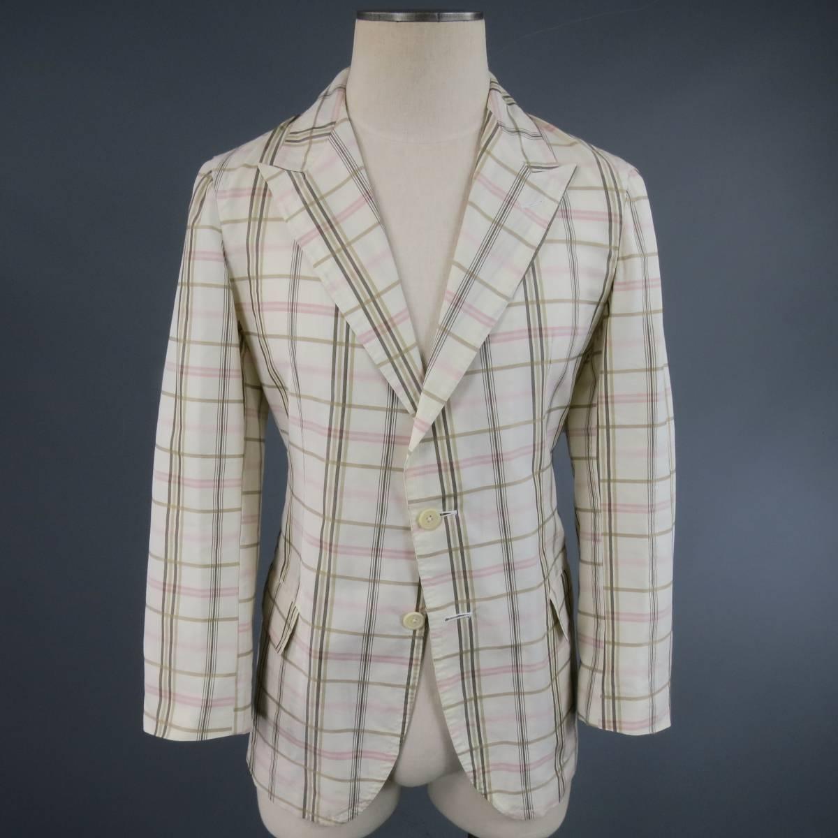 Gray Bottega Veneta Men's 38 Short Cream Cotton / Silk Brown Pink Plaid Sport Coat