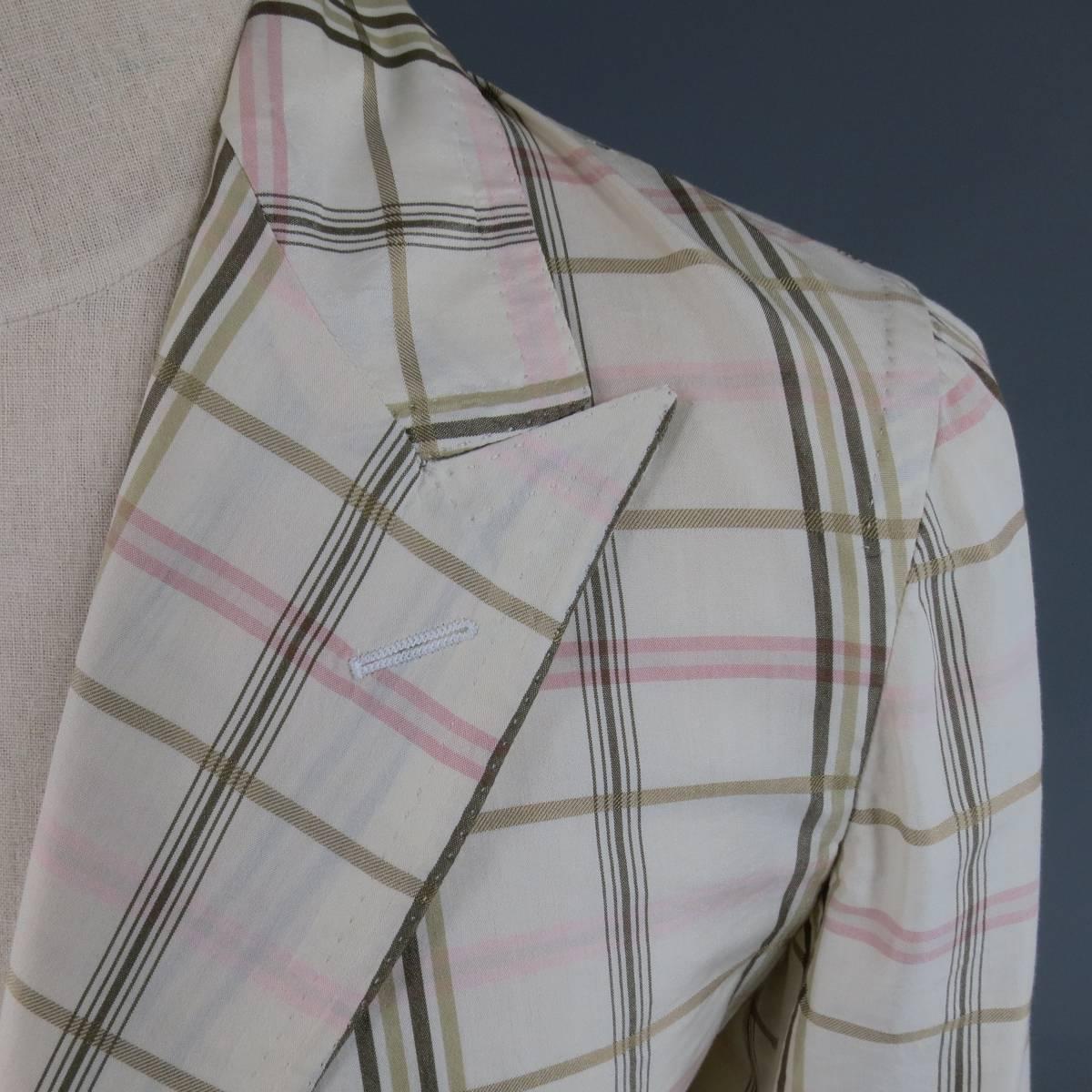 Bottega Veneta Men's 38 Short Cream Cotton / Silk Brown Pink Plaid Sport Coat 2