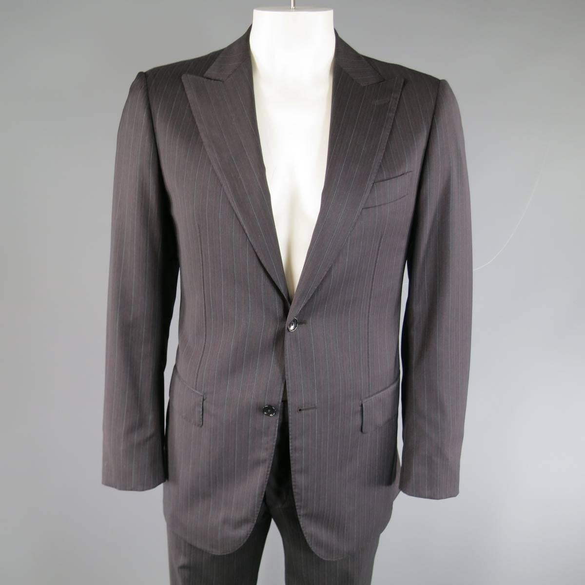 Classic PAL ZILERI suit in a charcoal red, burgundy, and silver striped wool includes a peak lapel, two button sport coat with functional button cuffs, top stitching throughout, and double vented back, and matching tailored cuffed hem flat front