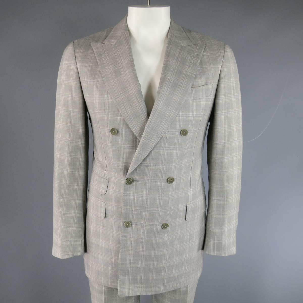 Classic Pal Zileri two piece suit in a light gray wool silk blend with all over white and beige plaid print includes a double breasted, peak lapel sport coat with functional button cuffs and double vented back and matching flat front, cuffed hem