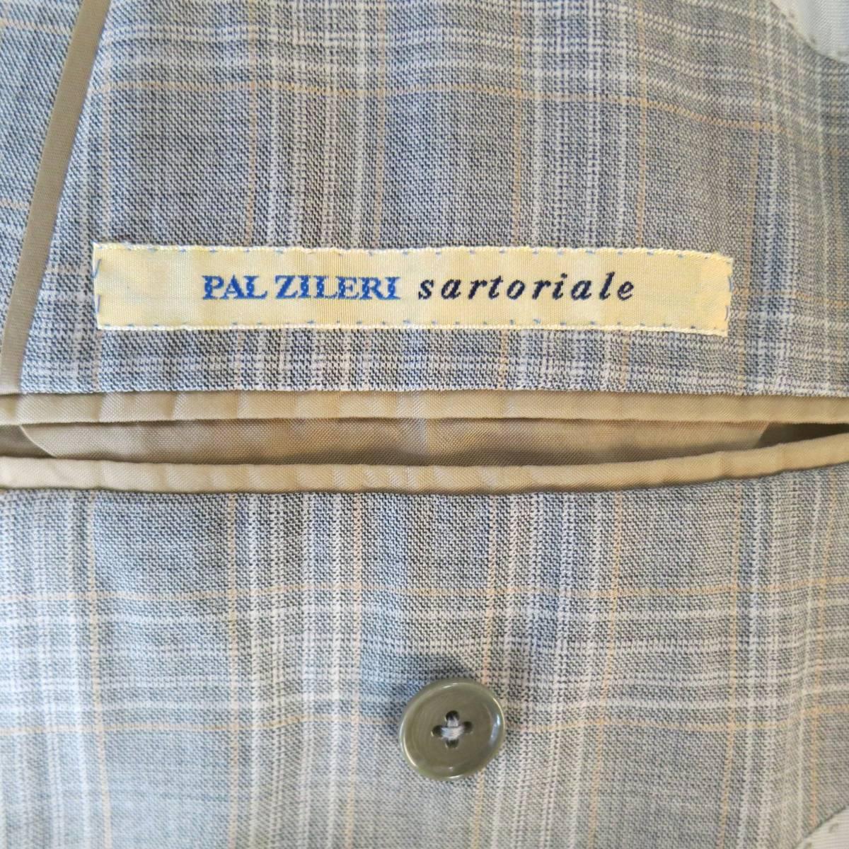 Men's Pal Zileri Light Gray Plaid Wool/Silk Double Breasted Peak Lapel Suit, 40 Reg 