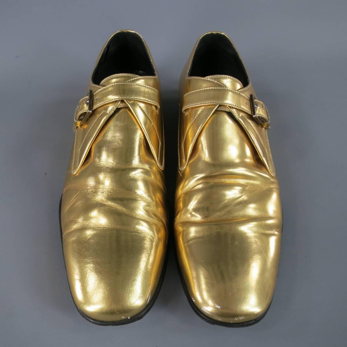Men's DIOR HOMME Hedi Slimane Size 7.5 Metallic Gold Leather Monk Strap Loafers 1