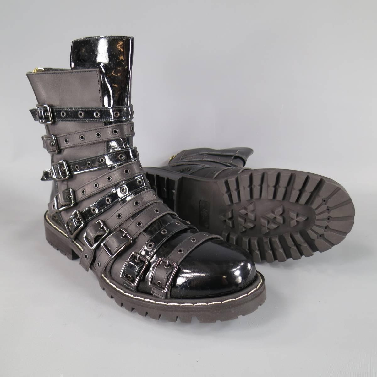 Men's GARETH PUGH Size 10 Black Leather & Patent Strappy Belt Combat Boots In Excellent Condition In San Francisco, CA