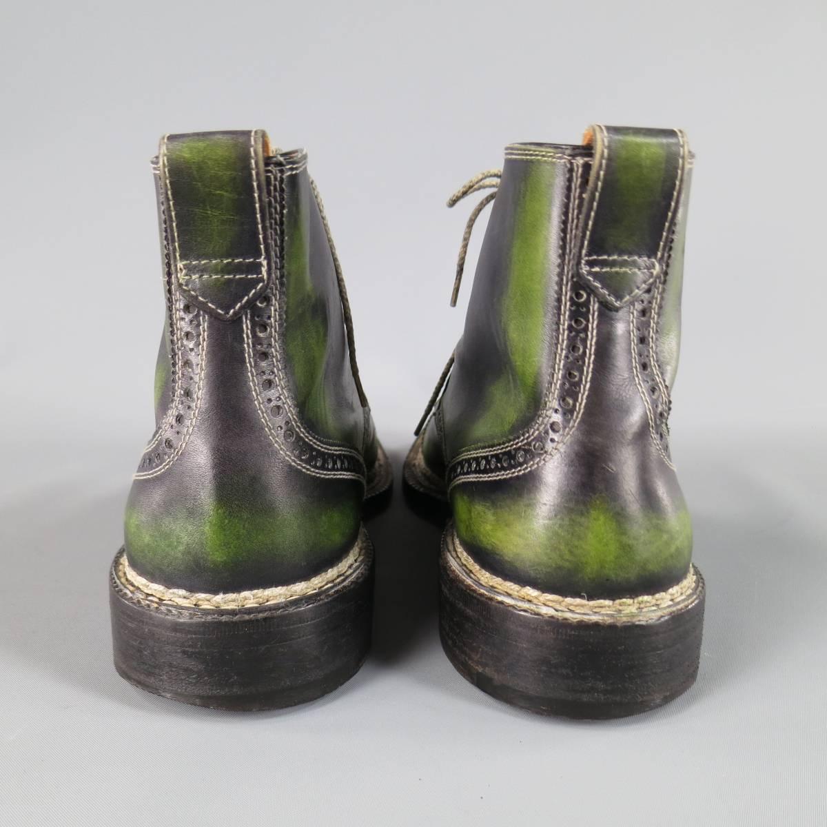 Gray Men's BETTANIN & VENTURI Size 10 Green Distressed Leather Square Toe Boots