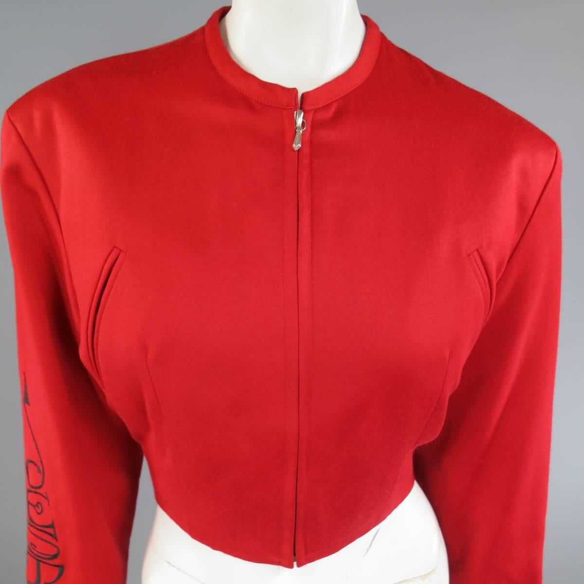 Vintage JOHN RICHMOND cropped jacket in a red wool with a high neck, hidden zip closure, double slanted breast pockets, elastic back hem, and embroidered 