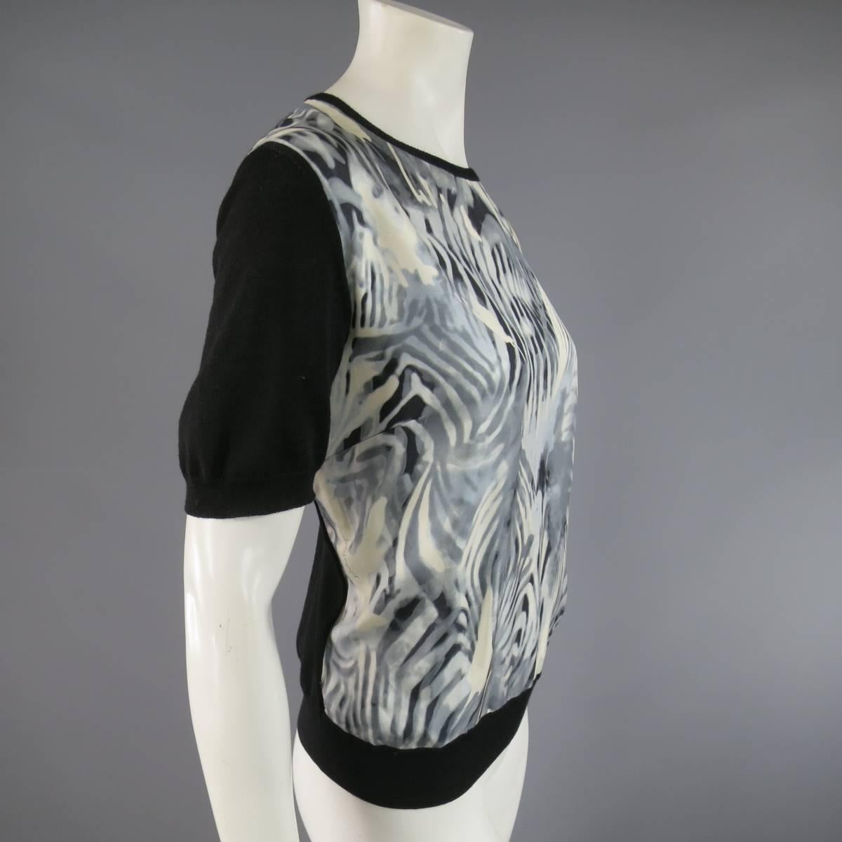Women's SALVATORE FERRAGAMO Shirt Pullover Size XL Black Wool Gray Silk Short Sleeve 