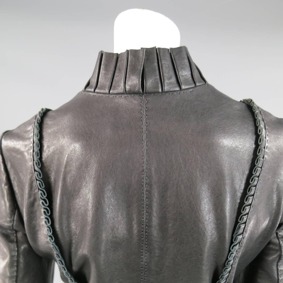 TORY BURCH Size 8 Black Pleated Ruffle Trim Leather Jacket at 1stdibs