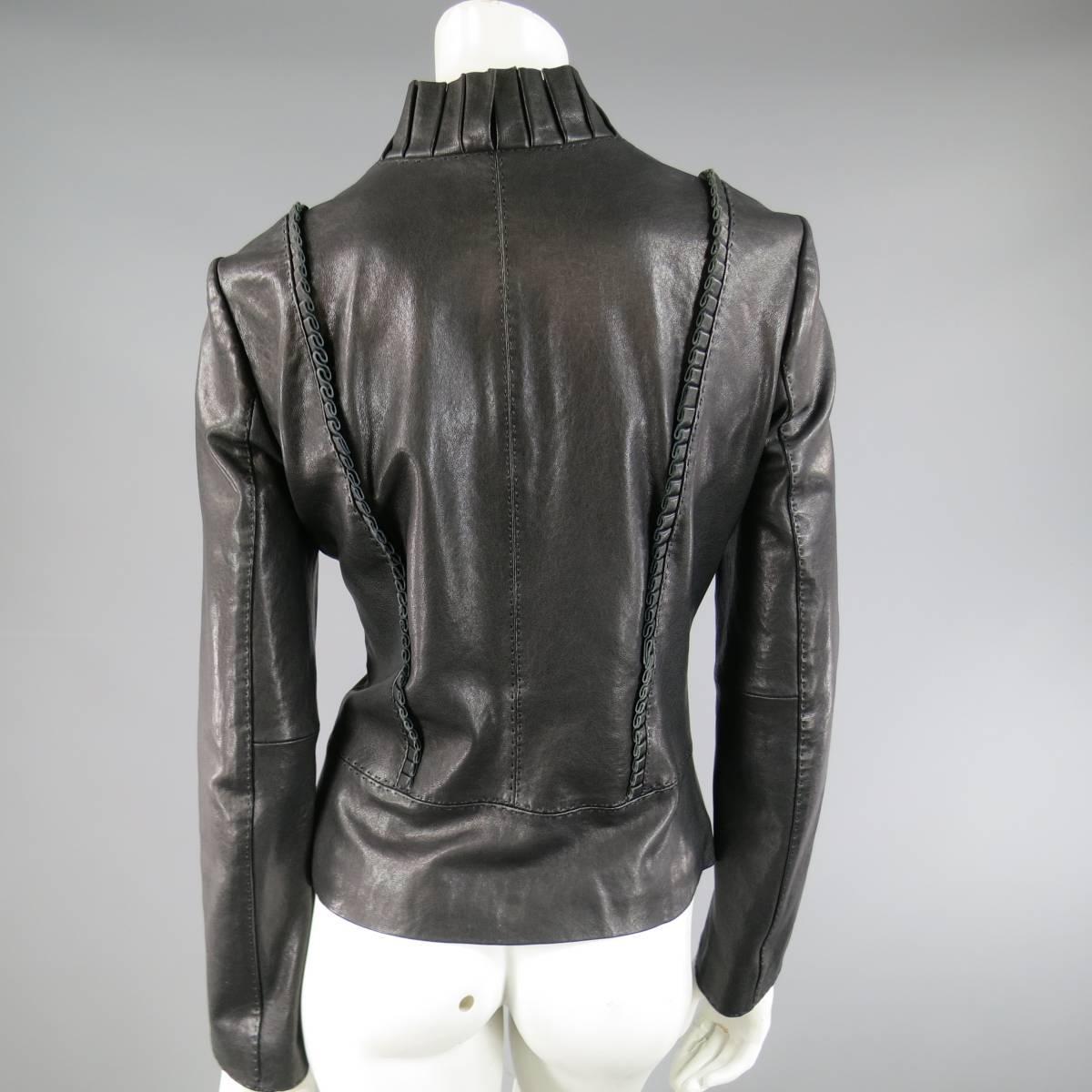 TORY BURCH Size 8 Black Pleated Ruffle Trim Leather Jacket at 1stdibs