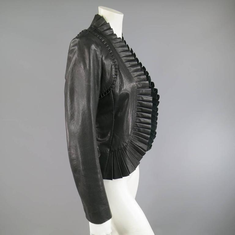 TORY BURCH Size 8 Black Pleated Ruffle Trim Leather Jacket at 1stDibs ...