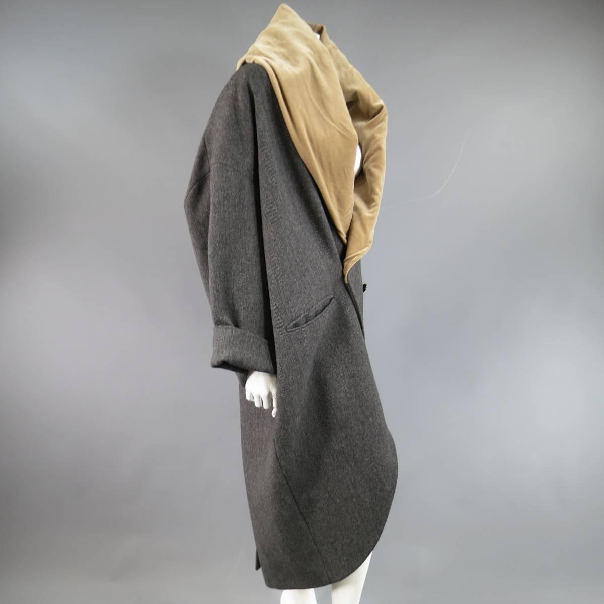 ROMEO GIGLI Size 6 Grey Herringbone Tan Velvet Collar Cacoon Coat at ...