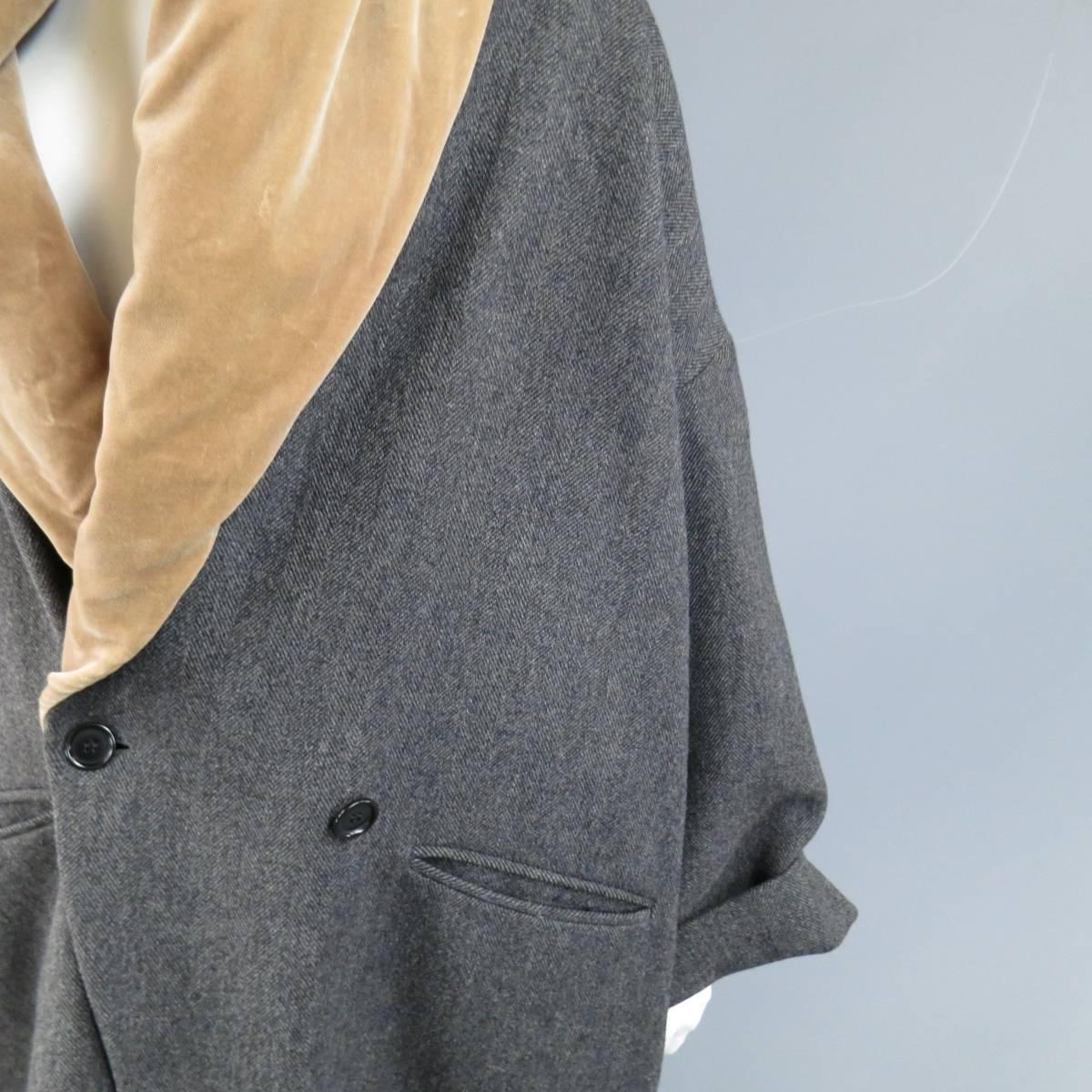 ROMEO GIGLI Size 6 Grey Herringbone Tan Velvet Collar Cacoon Coat In Good Condition In San Francisco, CA