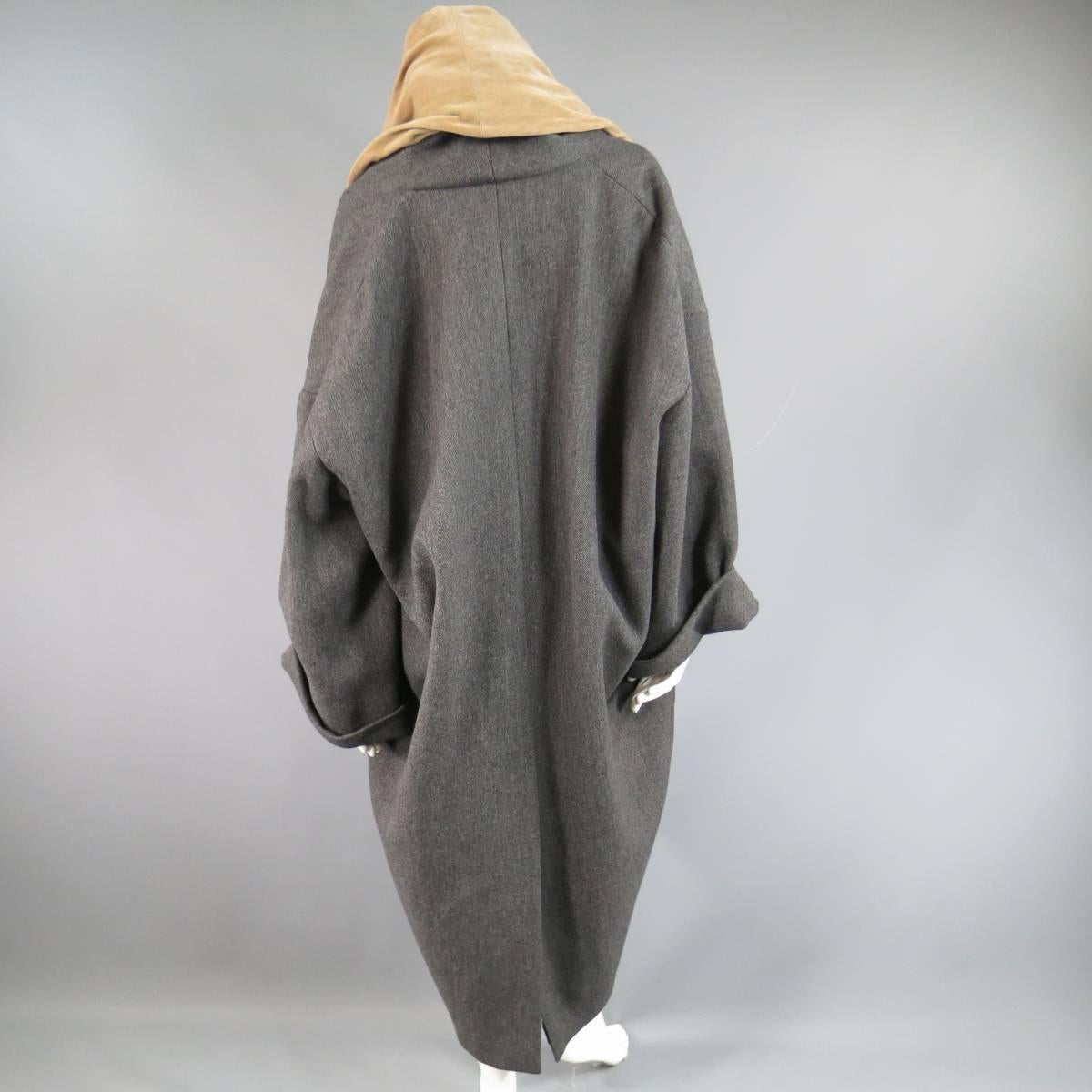 ROMEO GIGLI Size 6 Grey Herringbone Tan Velvet Collar Cacoon Coat 1