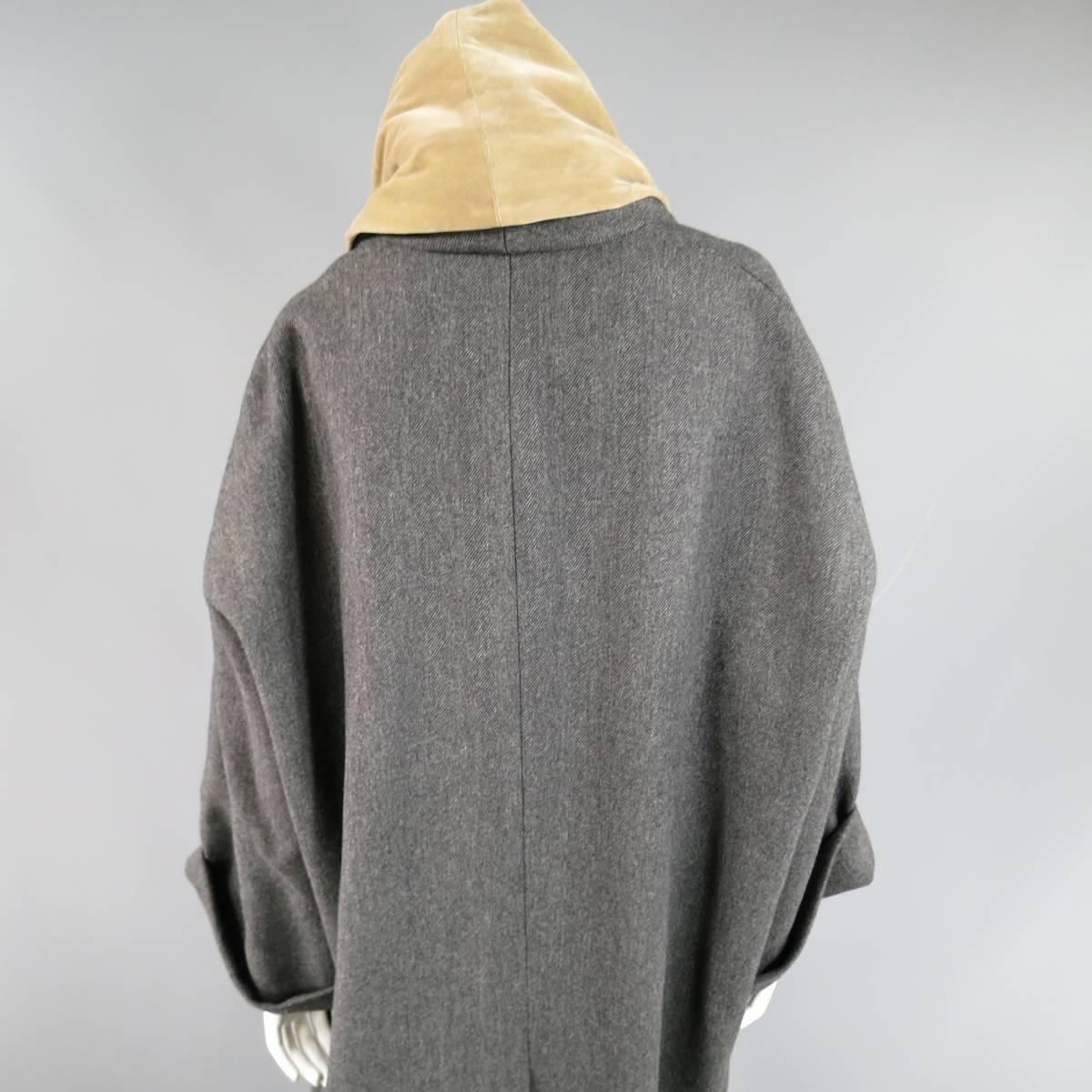 ROMEO GIGLI Size 6 Grey Herringbone Tan Velvet Collar Cacoon Coat 2