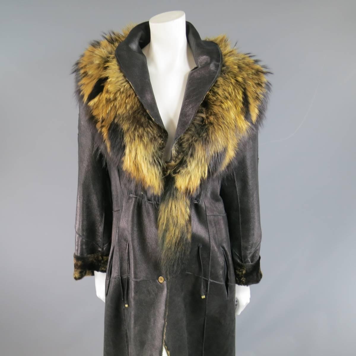 ROBERTO CAVALLI Size 8 Black & Tan Shearling Detachable Racoon Fur Collar Coat 2