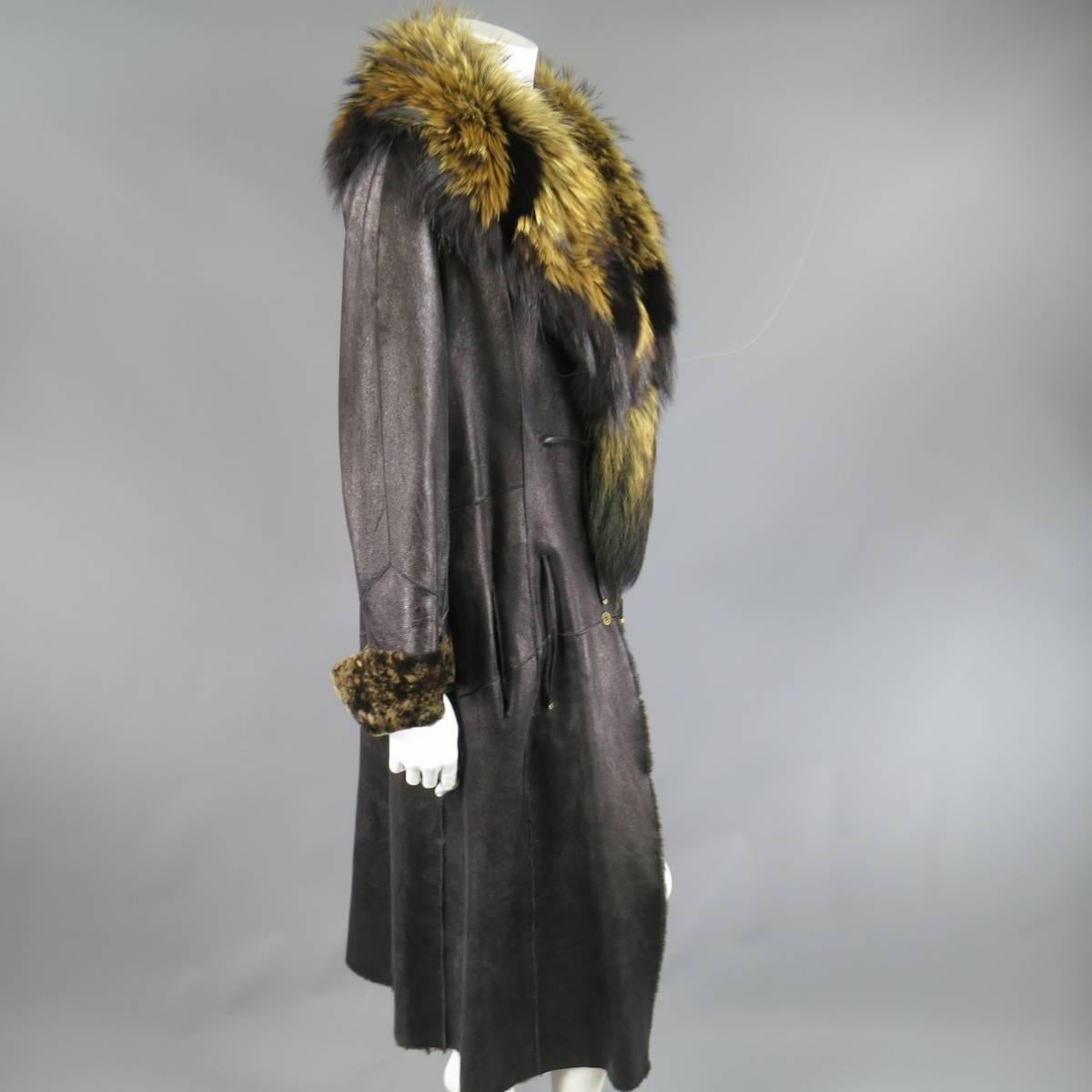 Women's ROBERTO CAVALLI Size 8 Black & Tan Shearling Detachable Racoon Fur Collar Coat