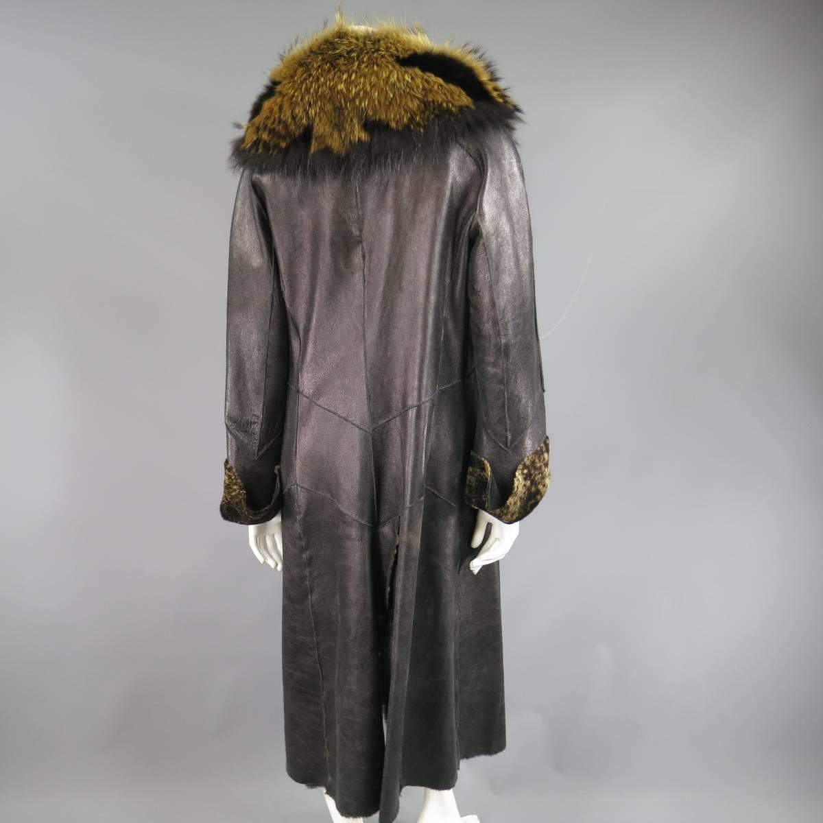 ROBERTO CAVALLI Size 8 Black & Tan Shearling Detachable Racoon Fur Collar Coat 1