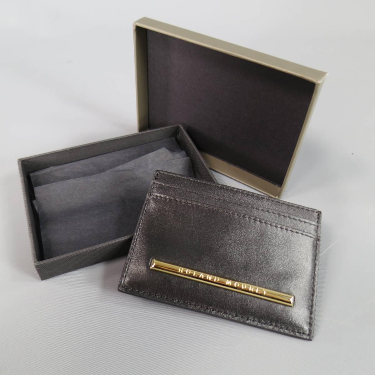 New ROLAND MOURET Card Case - Black Leather Gold Engraved Metal  In New Condition In San Francisco, CA