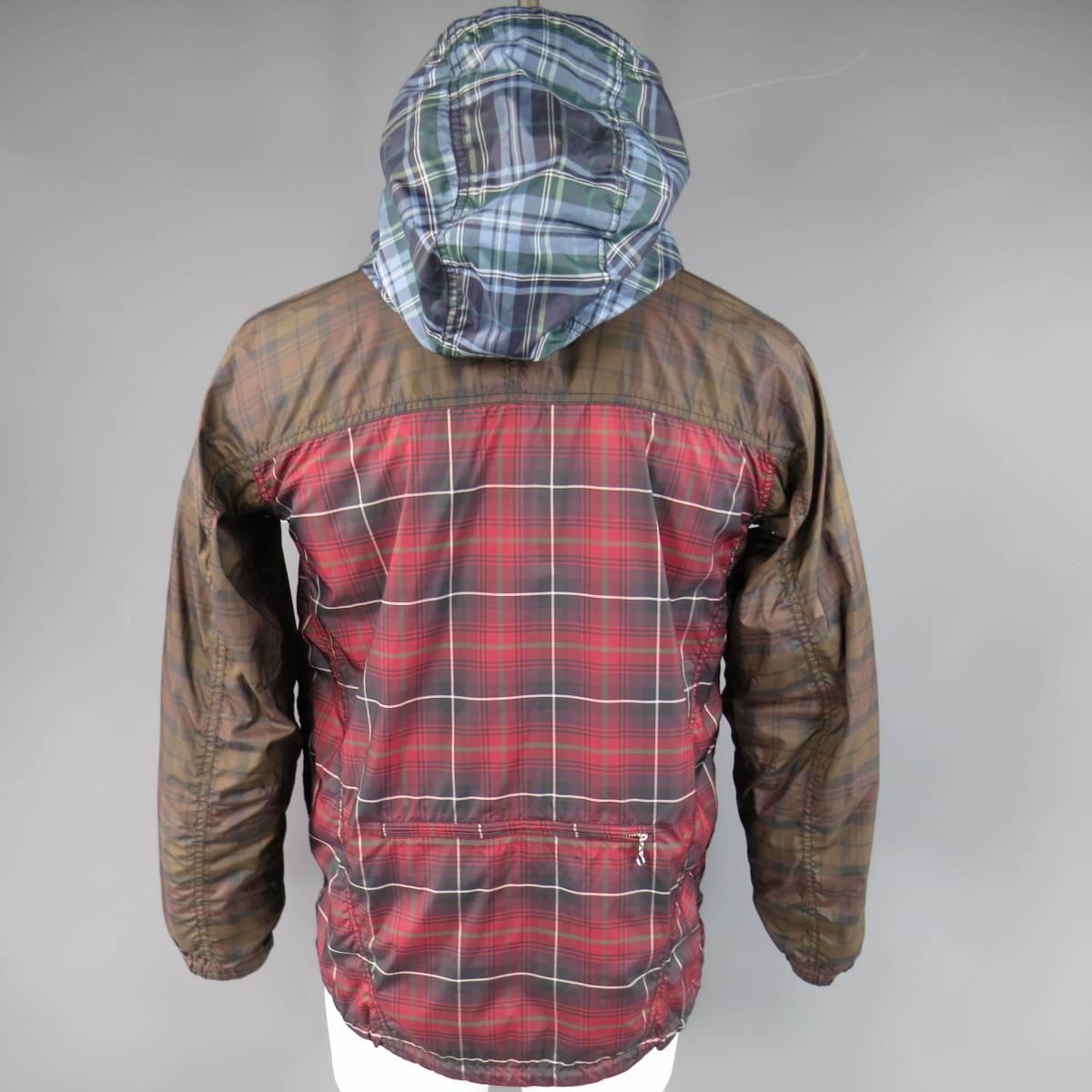 Men's COMME des GARCONS 40 Red Brown & Blue Plaid Hooded Windbreaker 2