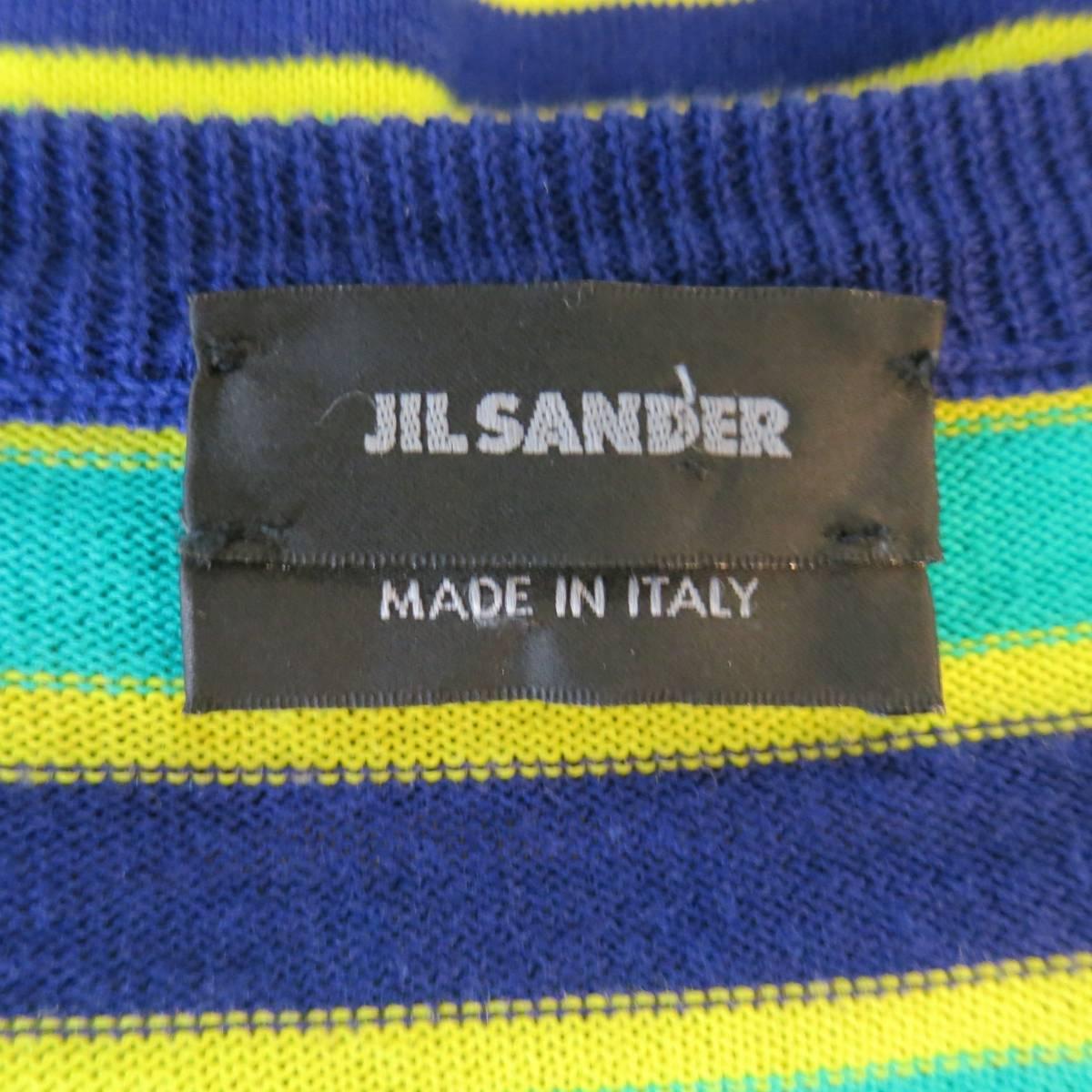 JIL SANDER Sweater - Smalll Seafoam Green Yellow & Navy Striped Cotton Pullover 1