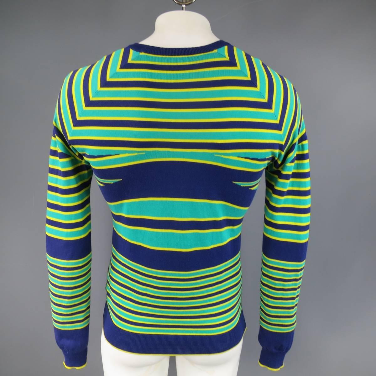 JIL SANDER Sweater - Smalll Seafoam Green Yellow & Navy Striped Cotton Pullover In Excellent Condition In San Francisco, CA