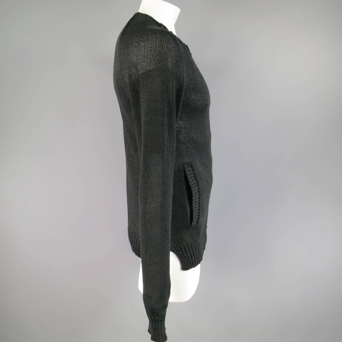 Edgy THE VIRDI-ANNE cardigan in a black cotton mesh knit featuring a round neckline, double zip front, pockets, and slit hems. Made in Japan.
 
Excellent Pre-Owned Condition.
Marked: JP 3
 
Measurements:
 
Shoulder: 19 in.
Chest: 41