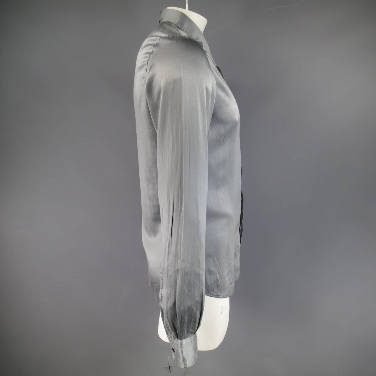 Men's NICOLO CESCHI BERRINI Shirt - Size L Grey Silk / Cotton Satin Long Sleeve In Good Condition In San Francisco, CA
