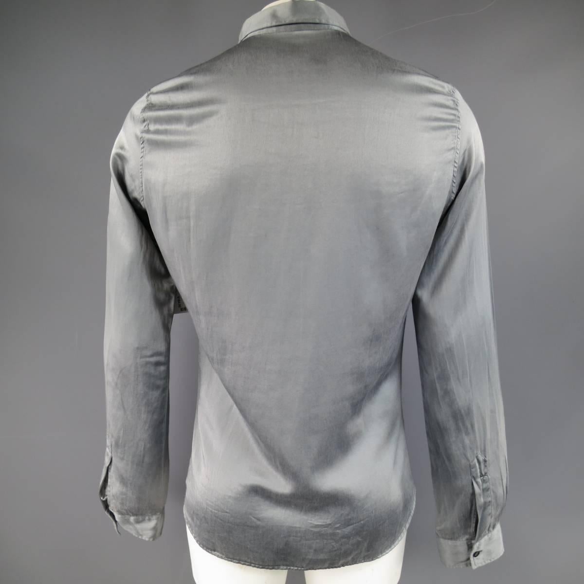 Men's NICOLO CESCHI BERRINI Shirt - Size L Grey Silk / Cotton Satin Long Sleeve 1