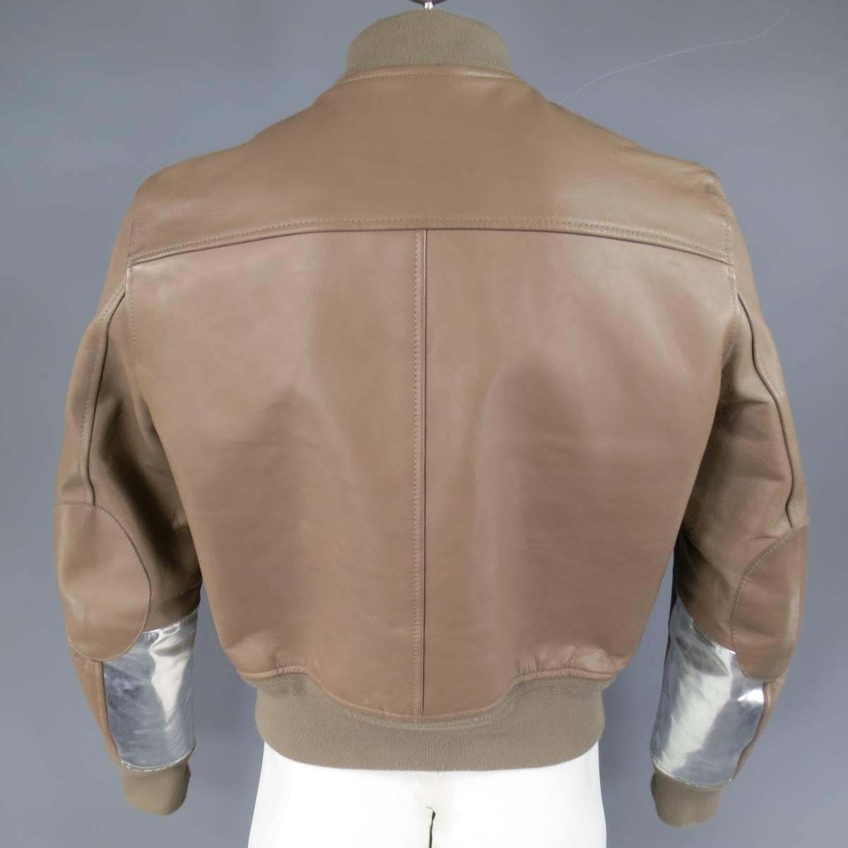 Brown Men's ACNE 42 Taupe & Metallic Silver Leather Bomber Jacket