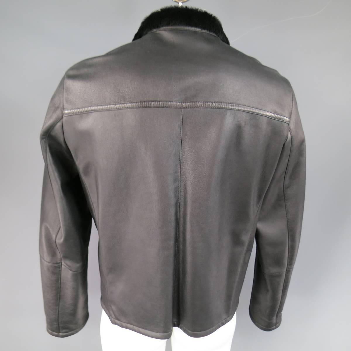 Men's ORME IN PORTOFINO 42 Black Shearling Leather Zip Jacket In Excellent Condition In San Francisco, CA