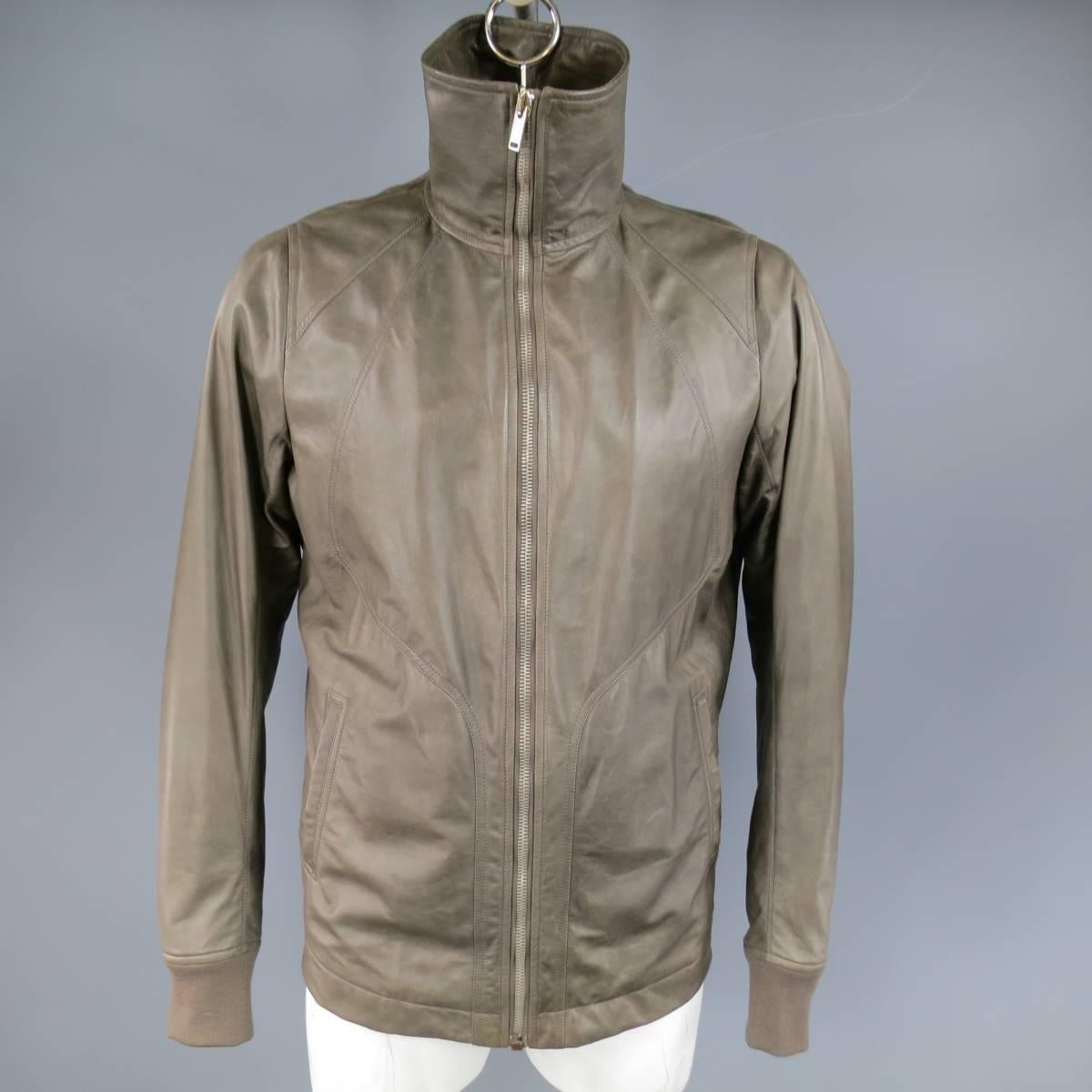 Men's RICK OWENS 46 Muted Taupe Leather Wide Collar Jacket 2