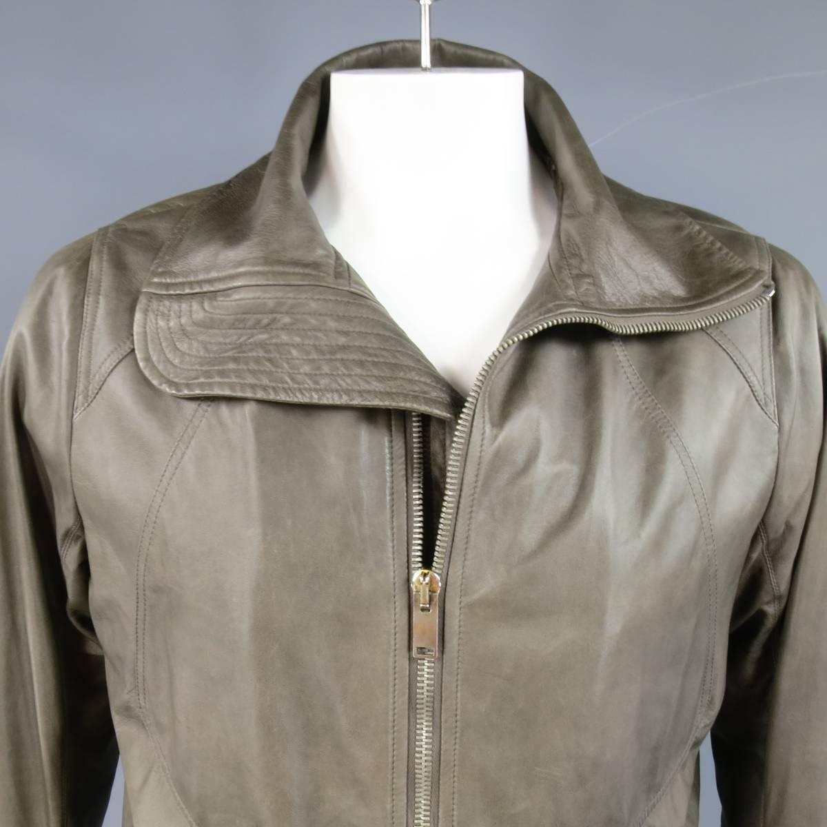 Gray Men's RICK OWENS 46 Muted Taupe Leather Wide Collar Jacket