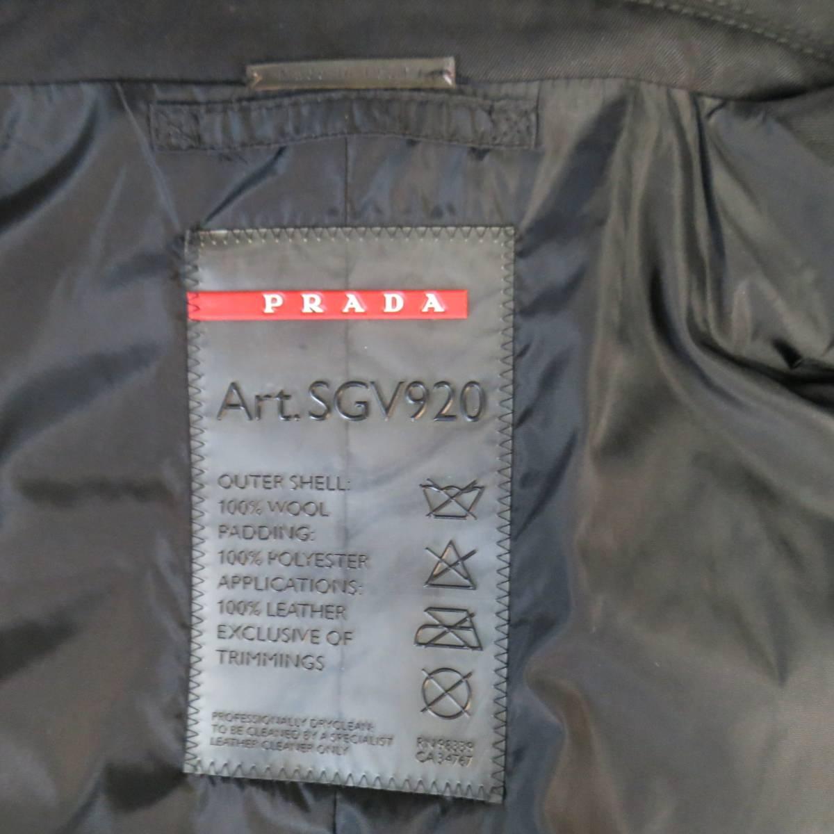 Men's PRADA 42 Black Waterproof Twil & Leather Hidden Placket Notch Lapel Jacket 6