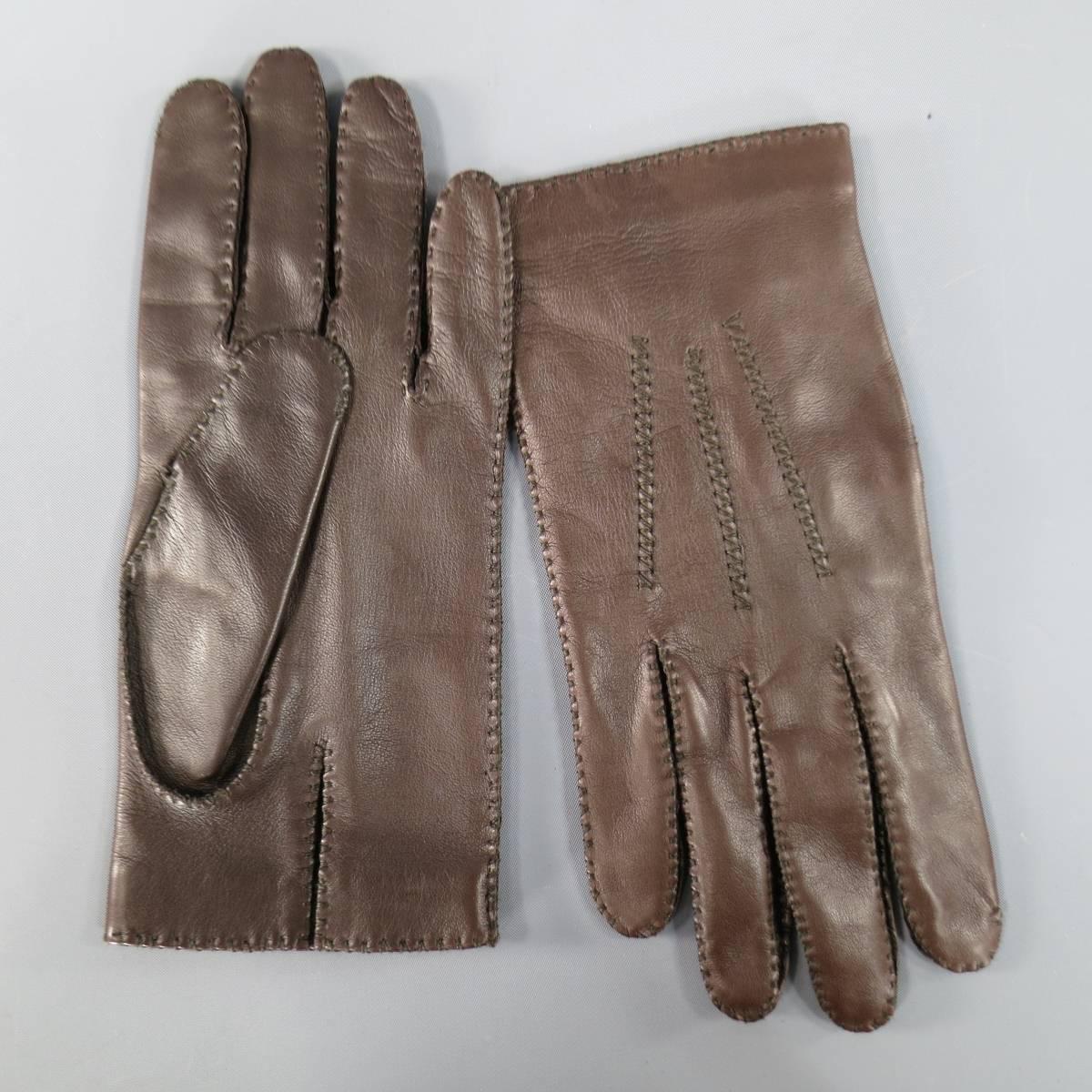Gray Vintage Deadstock HERMES Size 8 Brown Leather Top Stitch Gloves