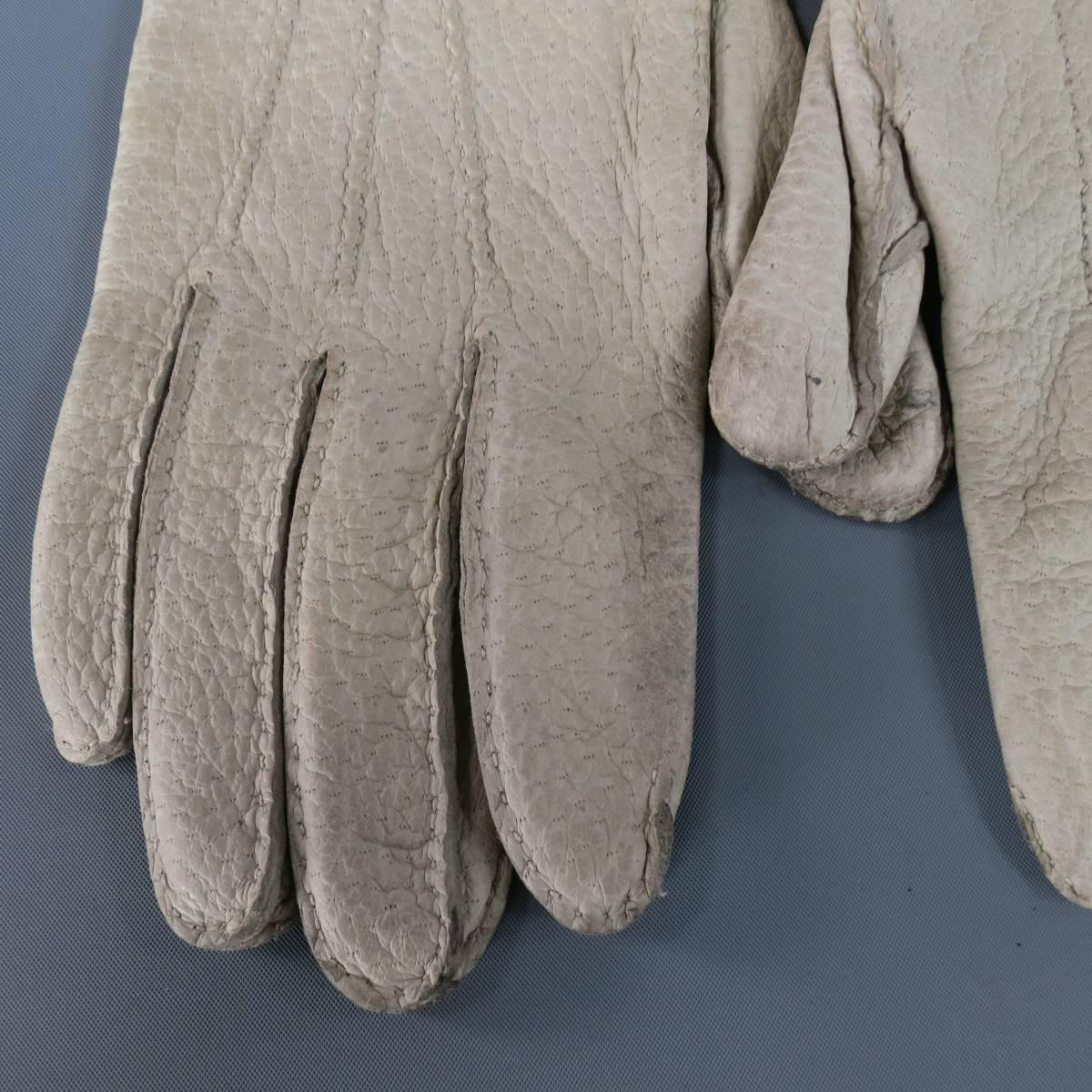 Gray Hermes Vintage Size 7 1/2 Ivory Textured Leather Gloves 