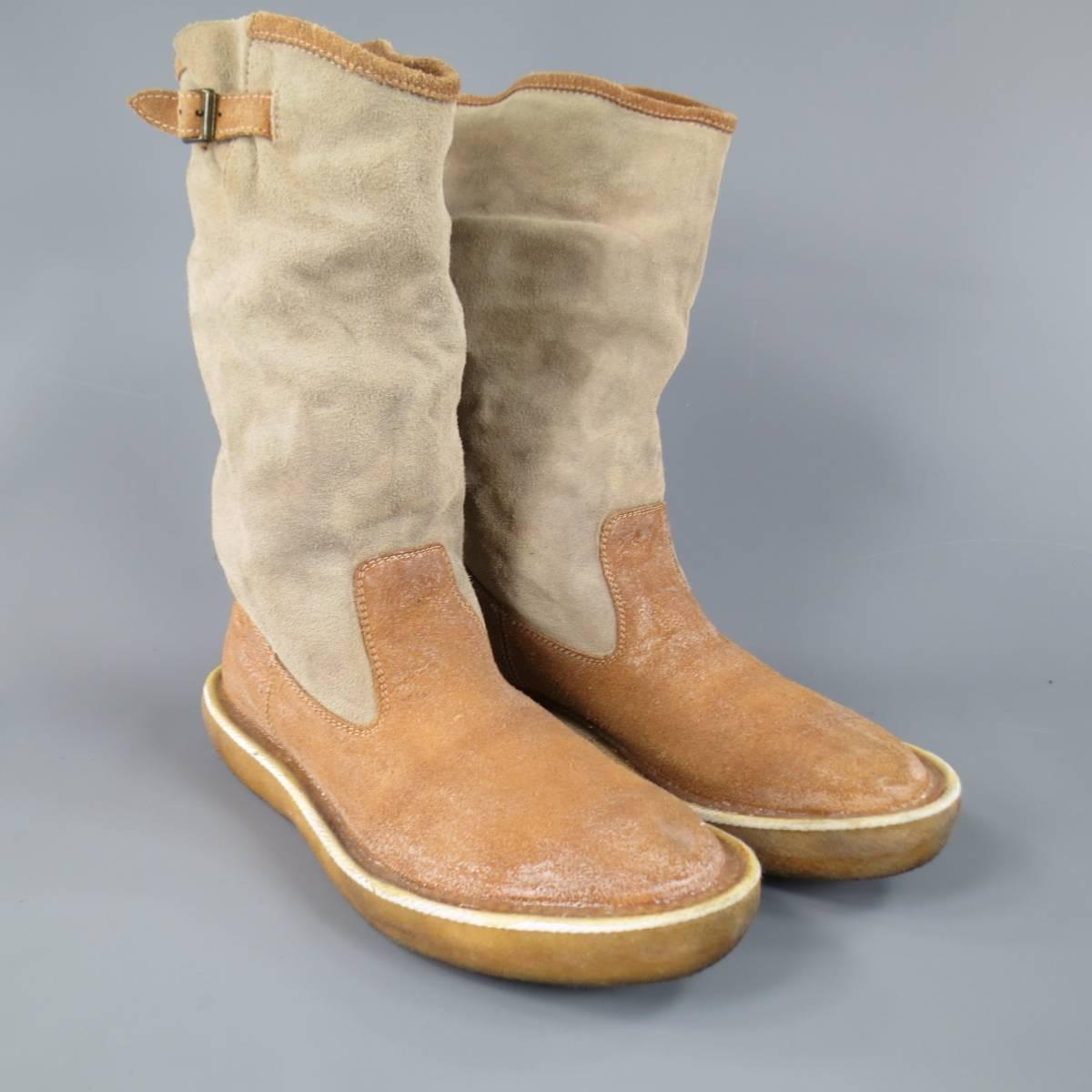 Rare KAPITAL Popeye calf high boots in a tan coated suede with a silver gray suede shaft and feature a thick crepe sole with tan rope piping and anchor logo. Made in Japan.
Retails at $780.00.

Good Excellent Pre-Owned Condition.
Marked: JP