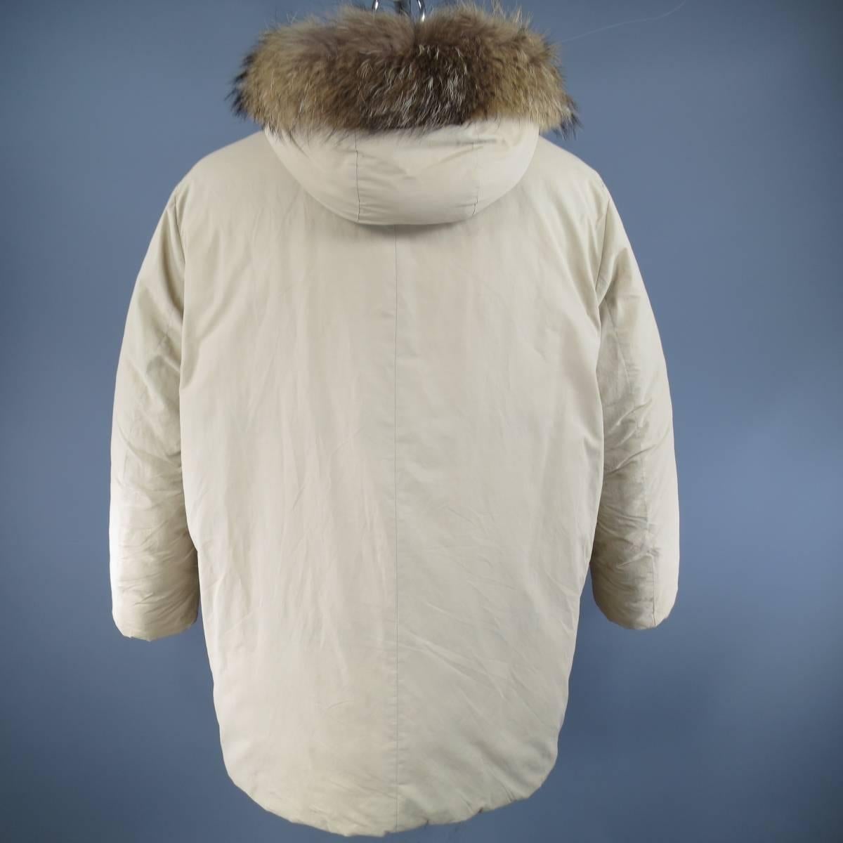 Men's PRADA 40 Khaki Beige Cotton Blend Racoon Fur trim Hooded Parka 2