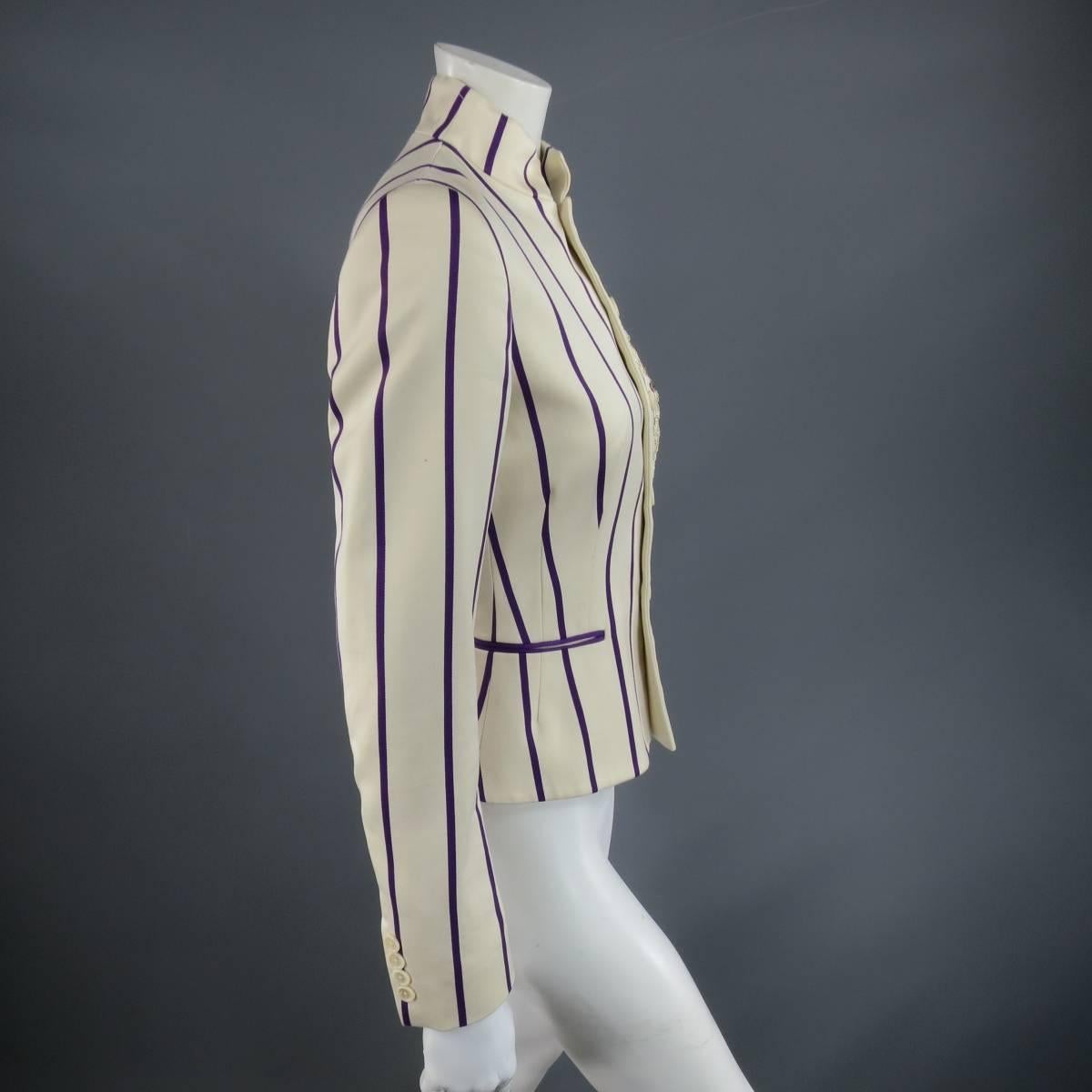 RALPH LAUREN Collection 8 Cream & Purple Striped Embellished Equestrian Jacket In Excellent Condition In San Francisco, CA