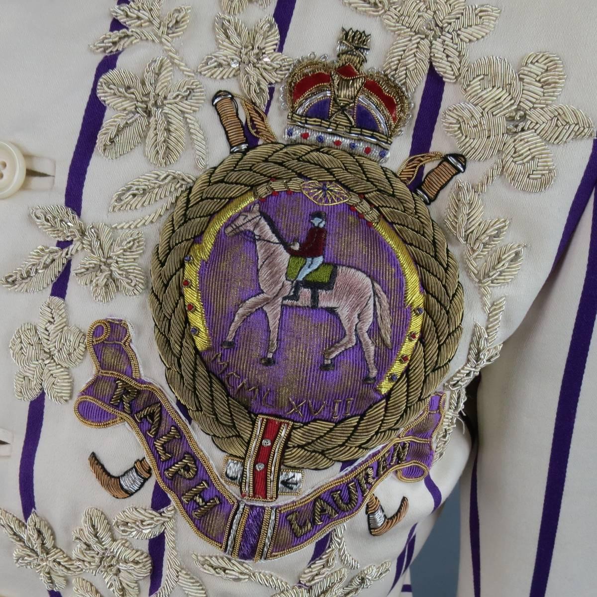 White RALPH LAUREN Collection 8 Cream & Purple Striped Embellished Equestrian Jacket