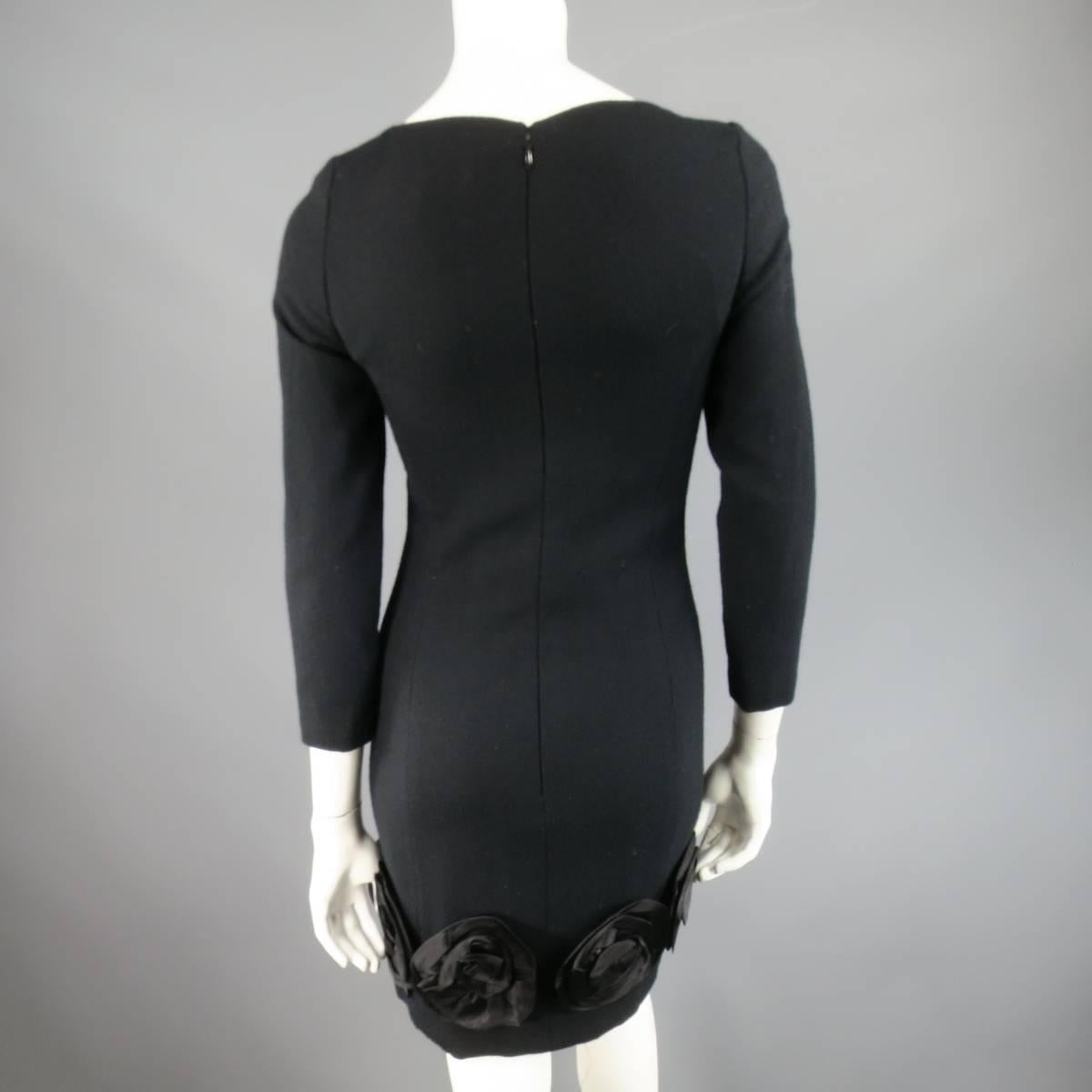 Vintage CAROLINA HERRERA 4 Black Wool Blend Long Sleeve Flower Hem Sheath Dress 2