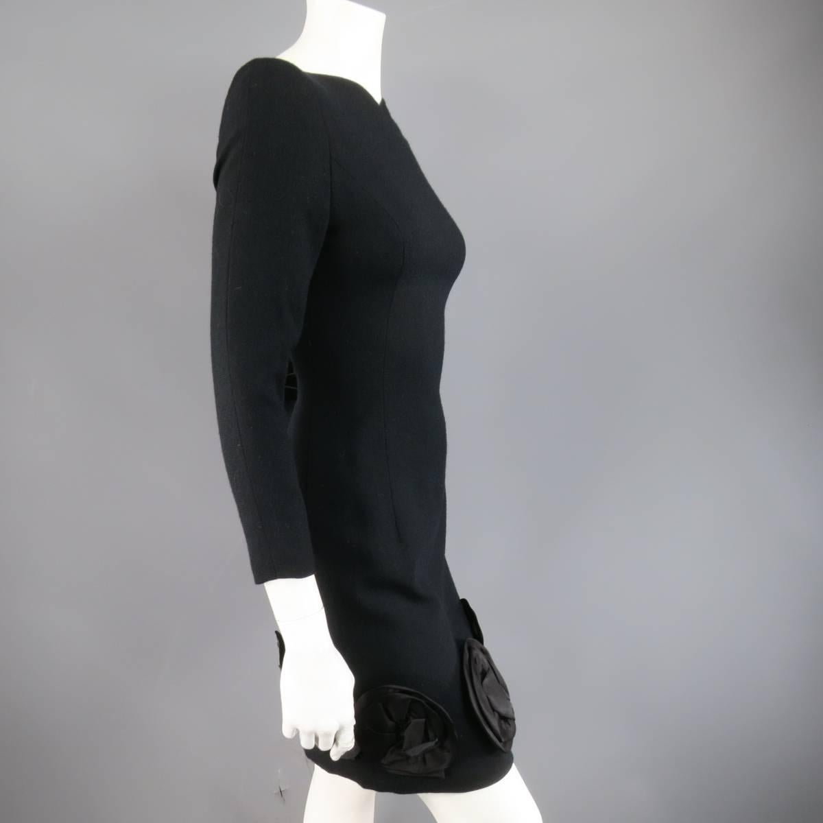 Vintage CAROLINA HERRERA 4 Black Wool Blend Long Sleeve Flower Hem Sheath Dress 1