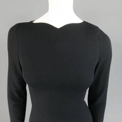 Vintage CAROLINA HERRERA 4 Black Wool Blend Long Sleeve Flower Hem Sheath Dress