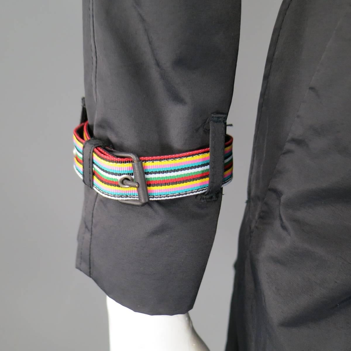 Women's MOSCHINO Jeans Size 6 Black Cotton / Nylon Wide Collar Rainbow Cuff TrenchCoat