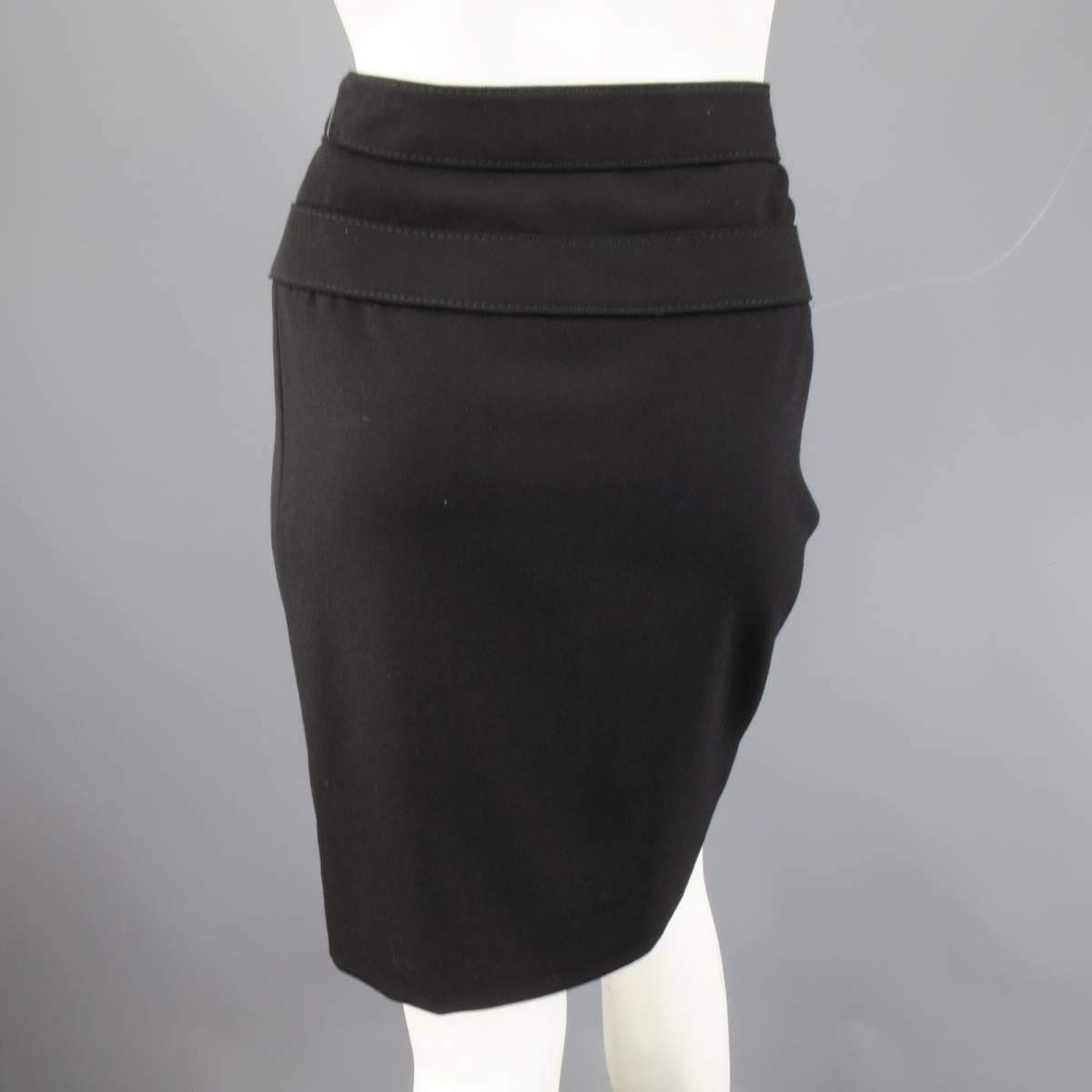 Women's VALENTINO Size 2 Black Wool Double Belt Pencil Skirt