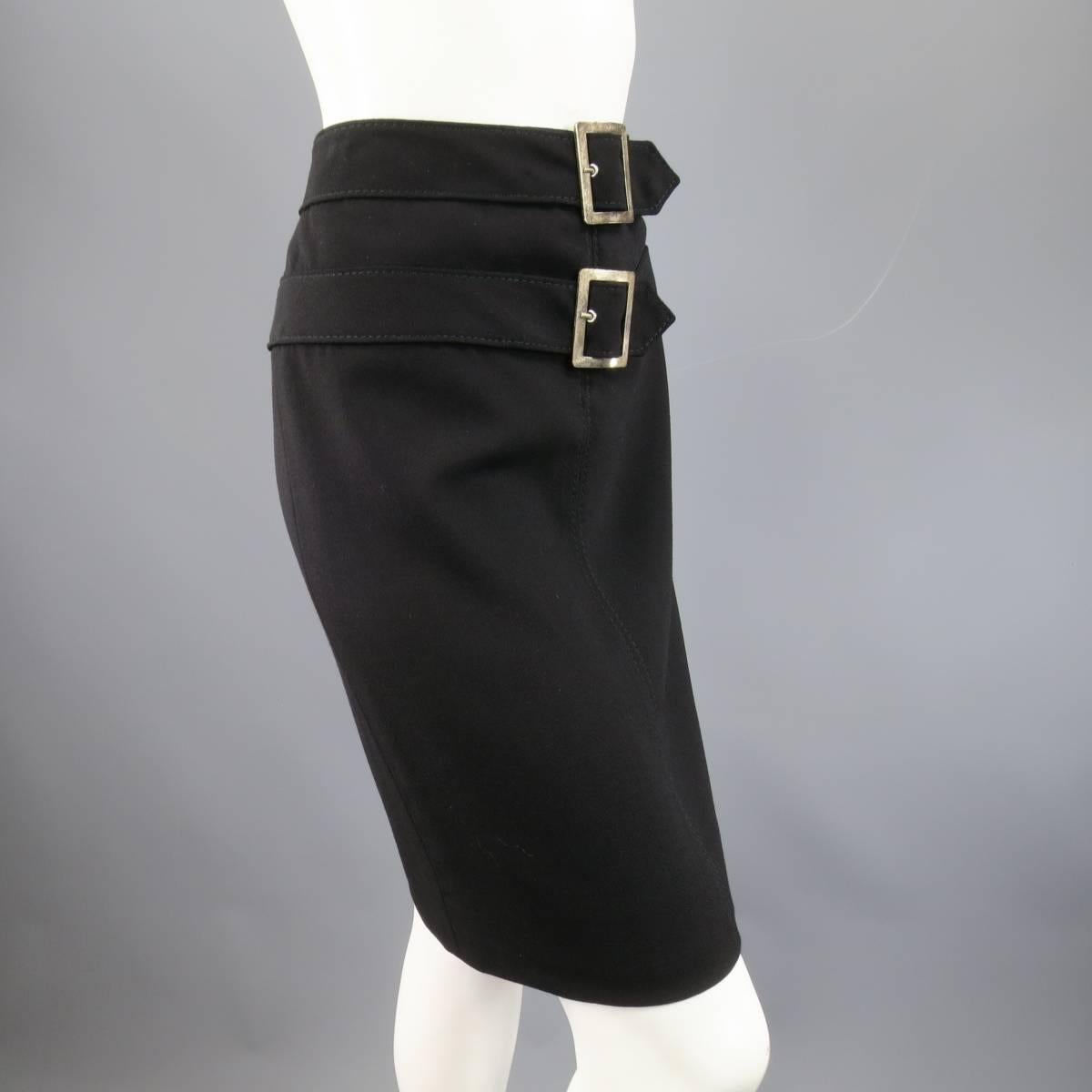 VALENTINO Size 2 Black Wool Double Belt Pencil Skirt In Good Condition In San Francisco, CA